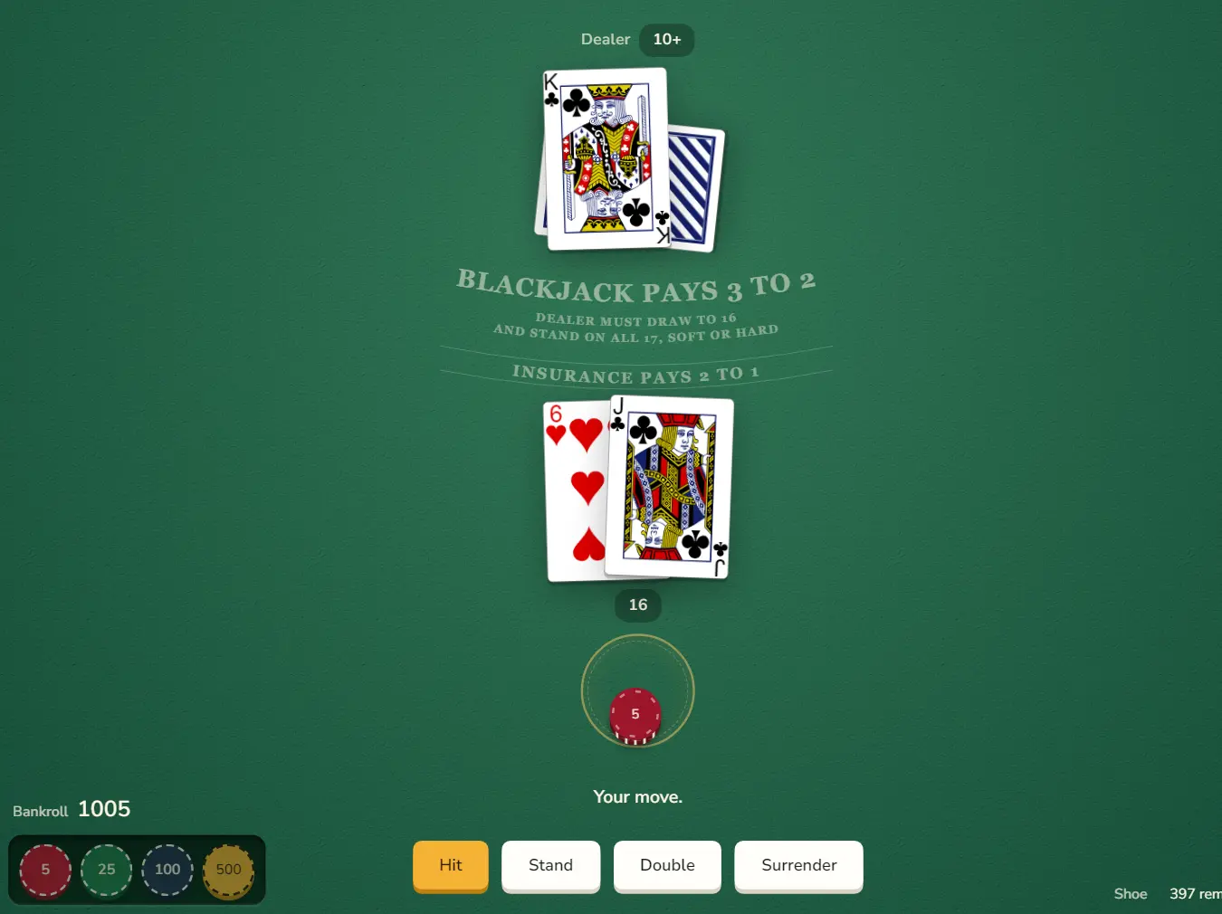 Eine Hand an Atlantic City Blackjack auf tryboardgames.com: Der Spieler hält eine Sechs und einen Buben, also 16, gegen einen König des Dealers, mit den Knöpfen Hit, Stand, Double und Surrender.
